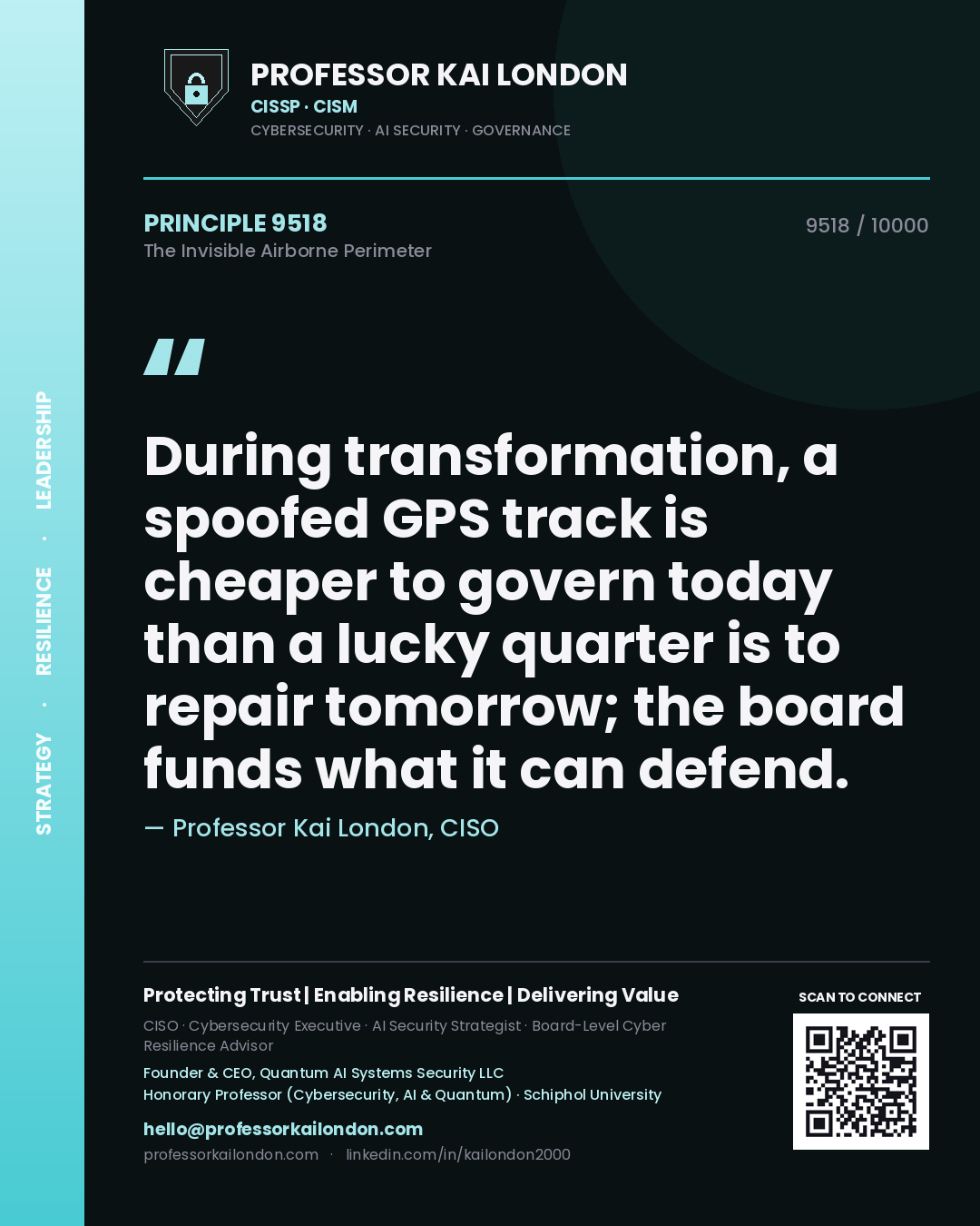 Quote card by Professor Kai London reading 'During transformation, a spoofed GPS track is cheaper to govern today than a lucky quarter is to repair tomorrow; the board funds what it can defend.'. From the book The Invisible Airborne Perimeter.