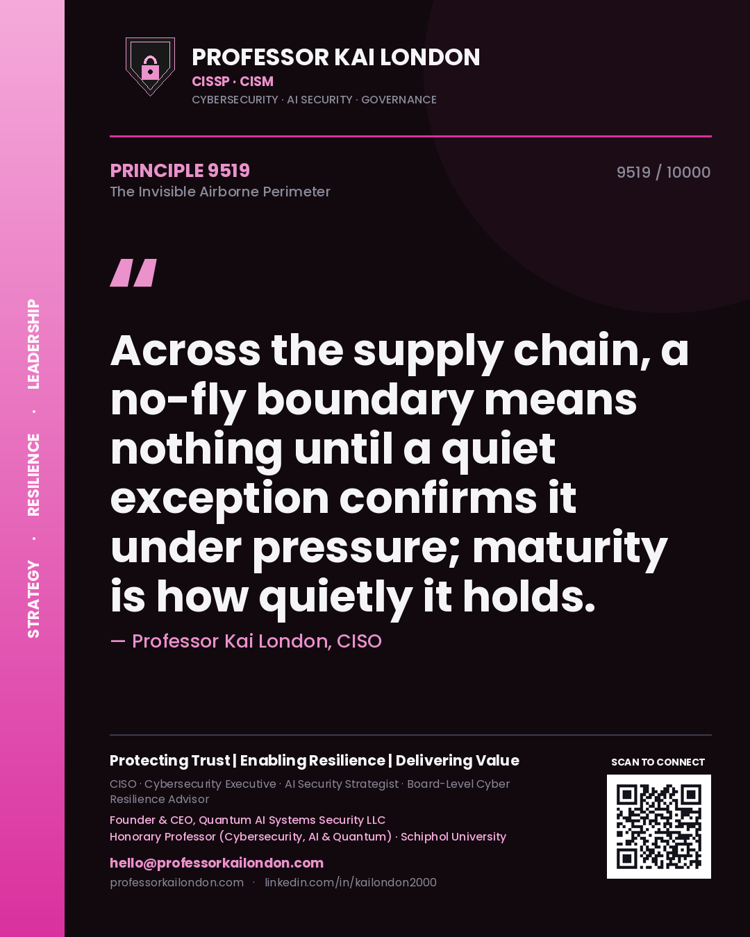 Quote card by Professor Kai London reading 'Across the supply chain, a no-fly boundary means nothing until a quiet exception confirms it under pressure; maturity is how quietly it holds.'. From the book The Invisible Airborne Perimeter.