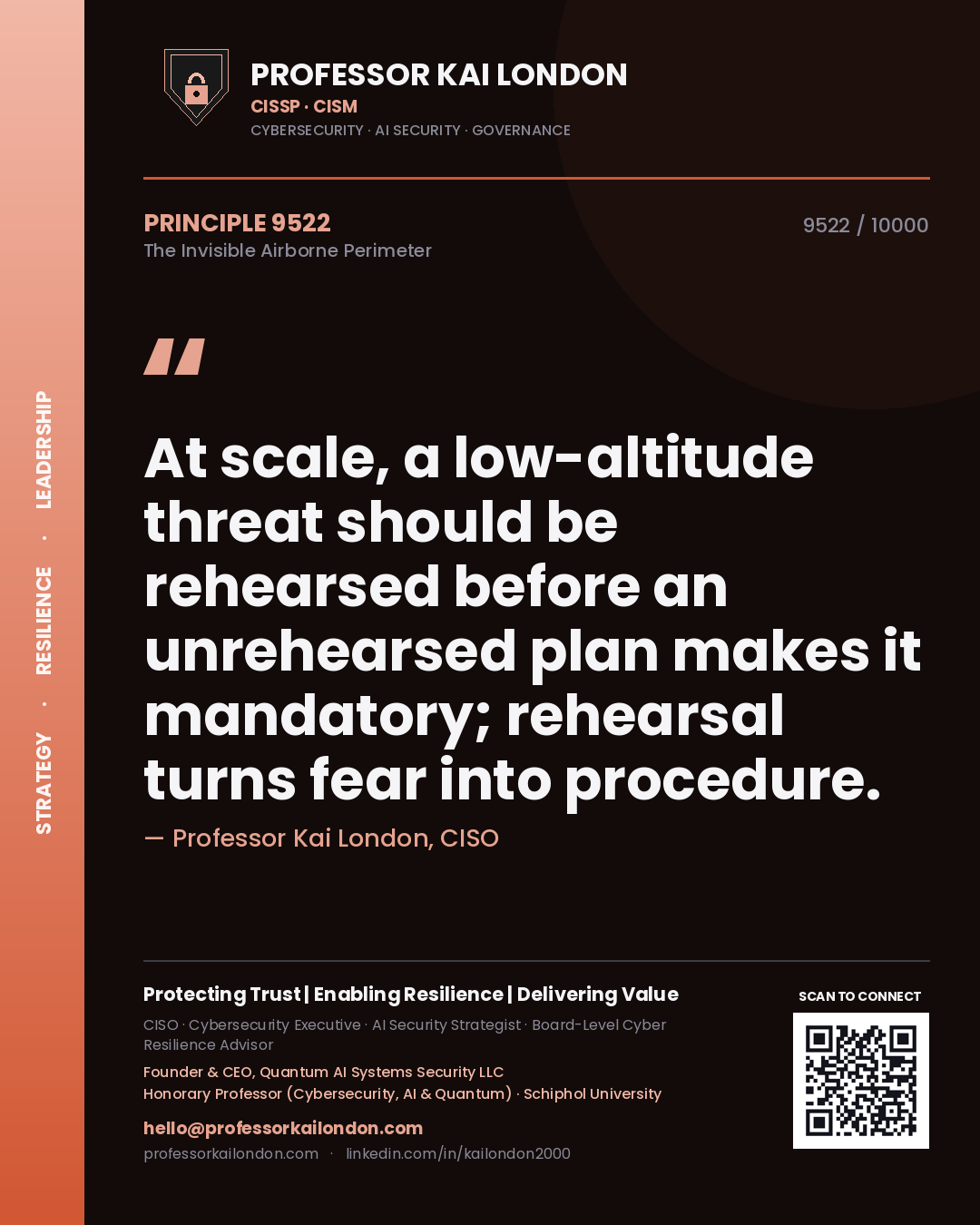 Quote card by Professor Kai London reading 'At scale, a low-altitude threat should be rehearsed before an unrehearsed plan makes it mandatory; rehearsal turns fear into procedure.'. From the book The Invisible Airborne Perimeter.
