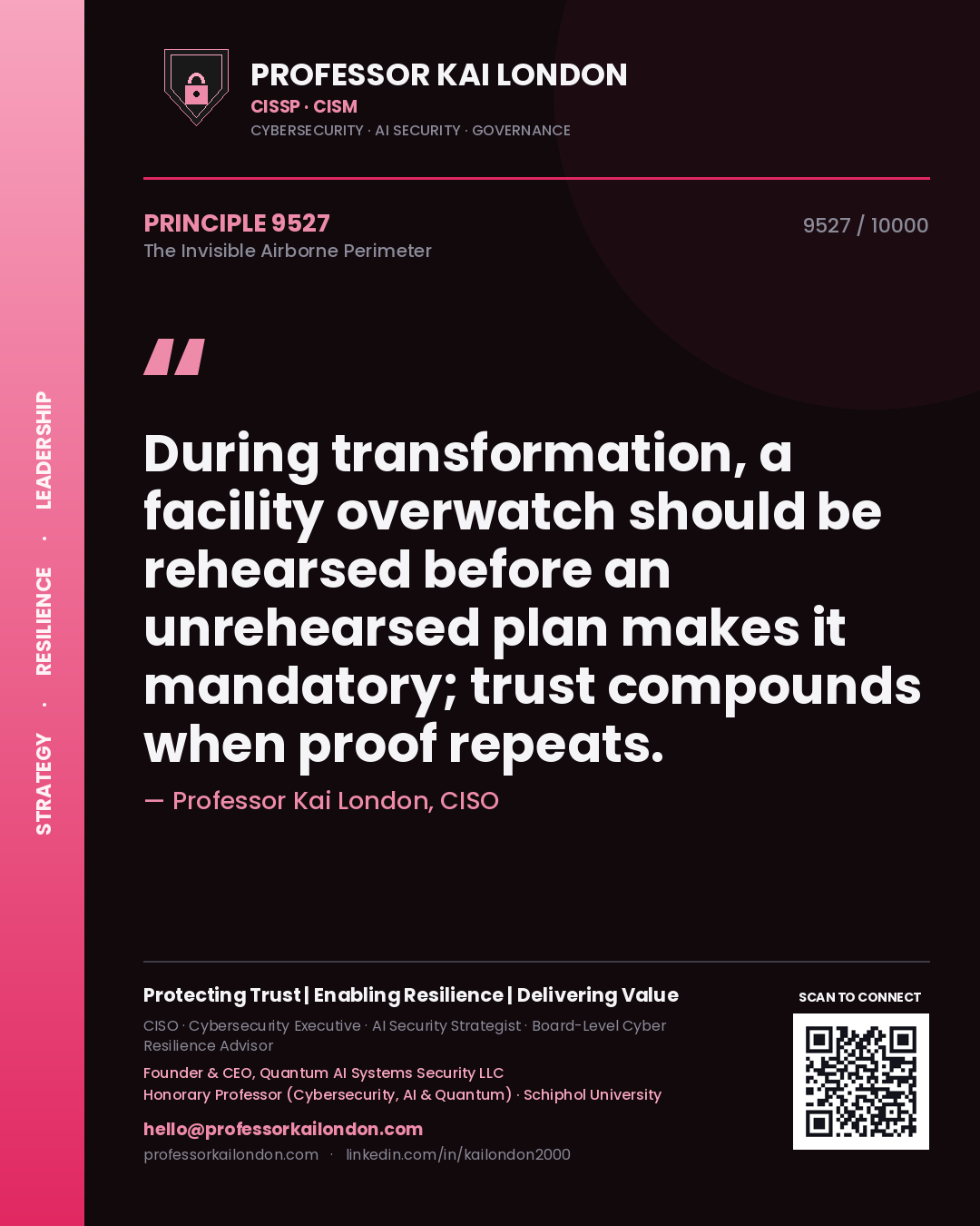 Quote card by Professor Kai London reading 'During transformation, a facility overwatch should be rehearsed before an unrehearsed plan makes it mandatory; trust compounds when proof repeats.'. From the book The Invisible Airborne Perimeter.