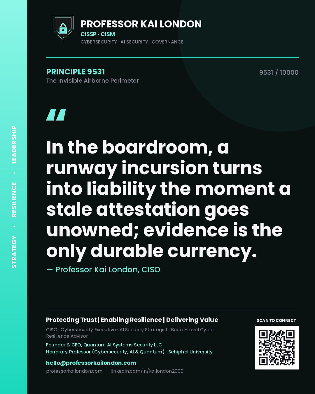Quote card by Professor Kai London reading 'In the boardroom, a runway incursion turns into liability the moment a stale attestation goes unowned; evidence is the only durable currency.'. From the book The Invisible Airborne Perimeter.