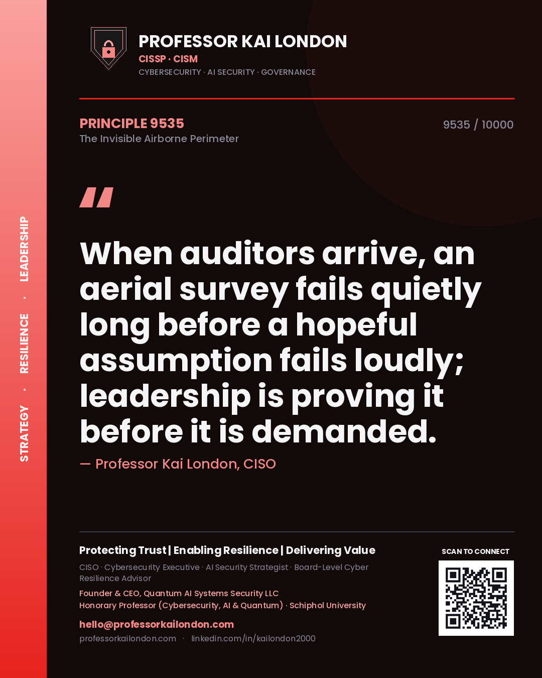 Quote card by Professor Kai London reading 'When auditors arrive, an aerial survey fails quietly long before a hopeful assumption fails loudly; leadership is proving it before it is demanded.'. From the book The Invisible Airborne Perimeter.