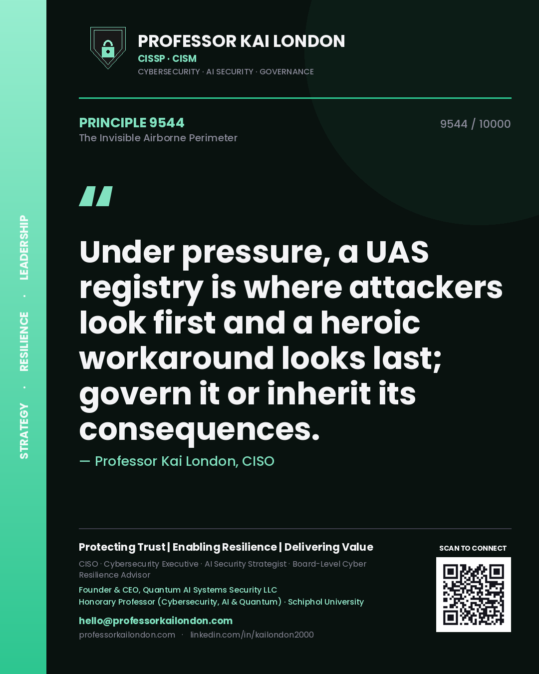 Quote card by Professor Kai London reading 'Under pressure, a UAS registry is where attackers look first and a heroic workaround looks last; govern it or inherit its consequences.'. From the book The Invisible Airborne Perimeter.