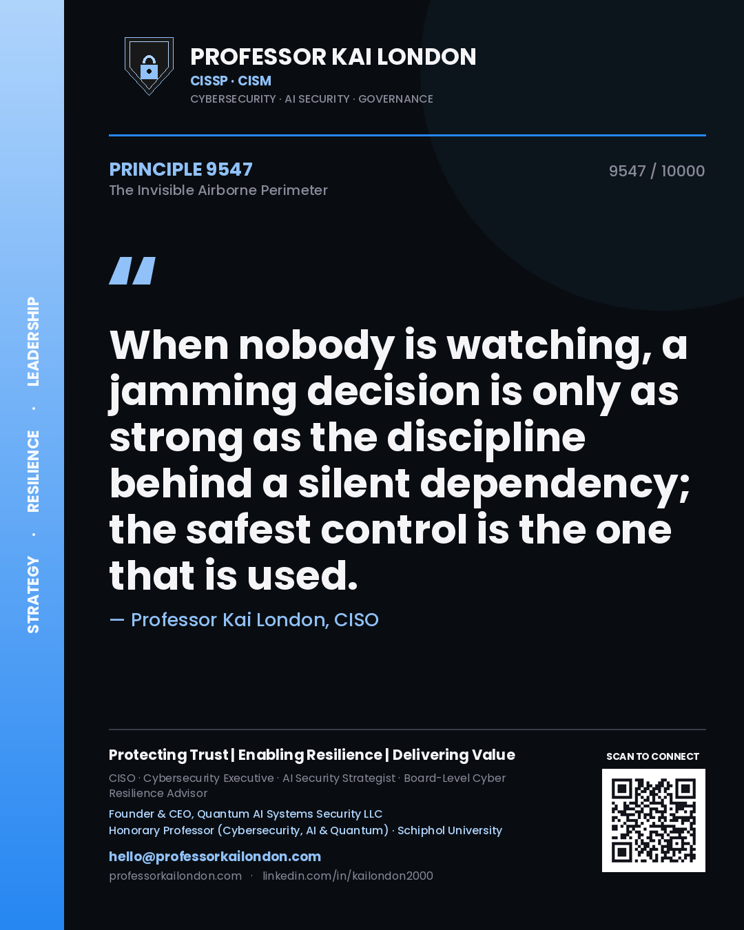Quote card by Professor Kai London reading 'When nobody is watching, a jamming decision is only as strong as the discipline behind a silent dependency; the safest control is the one that is used.'. From the book The Invisible Airborne Perimeter.