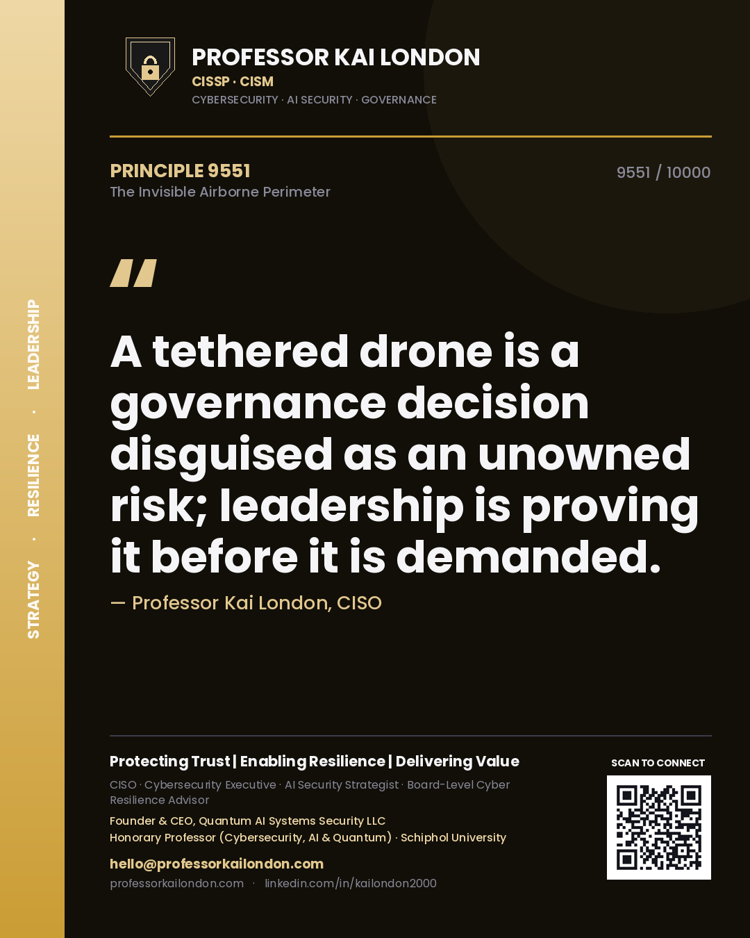 Quote card by Professor Kai London reading 'A tethered drone is a governance decision disguised as an unowned risk; leadership is proving it before it is demanded.'. From the book The Invisible Airborne Perimeter.