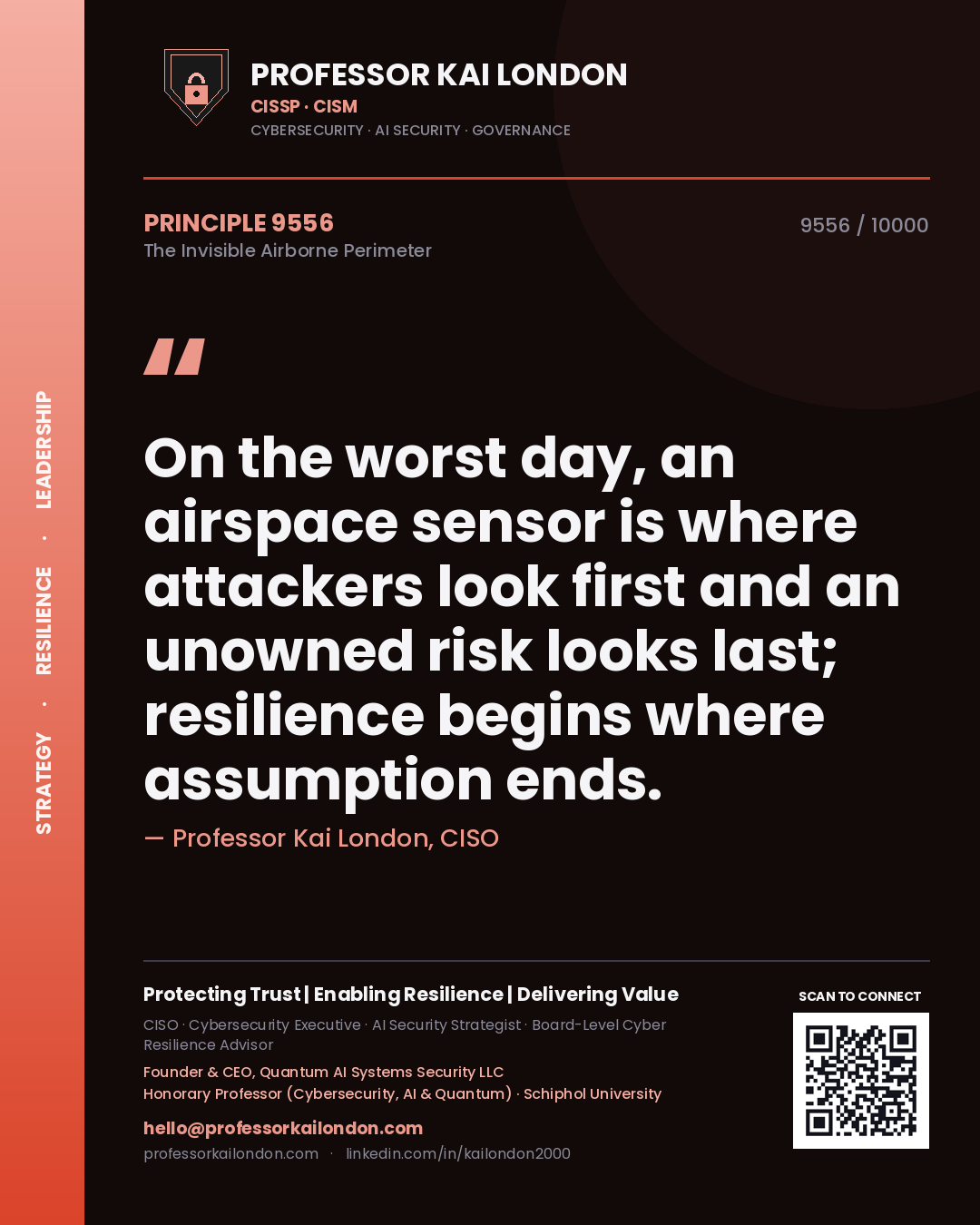 Quote card by Professor Kai London reading 'On the worst day, an airspace sensor is where attackers look first and an unowned risk looks last; resilience begins where assumption ends.'. From the book The Invisible Airborne Perimeter.