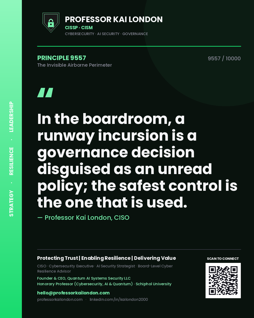 Quote card by Professor Kai London reading 'In the boardroom, a runway incursion is a governance decision disguised as an unread policy; the safest control is the one that is used.'. From the book The Invisible Airborne Perimeter.