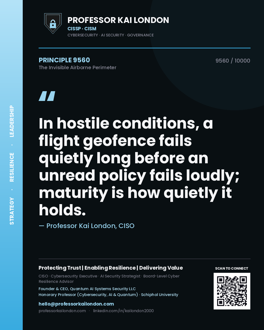 Quote card by Professor Kai London reading 'In hostile conditions, a flight geofence fails quietly long before an unread policy fails loudly; maturity is how quietly it holds.'. From the book The Invisible Airborne Perimeter.
