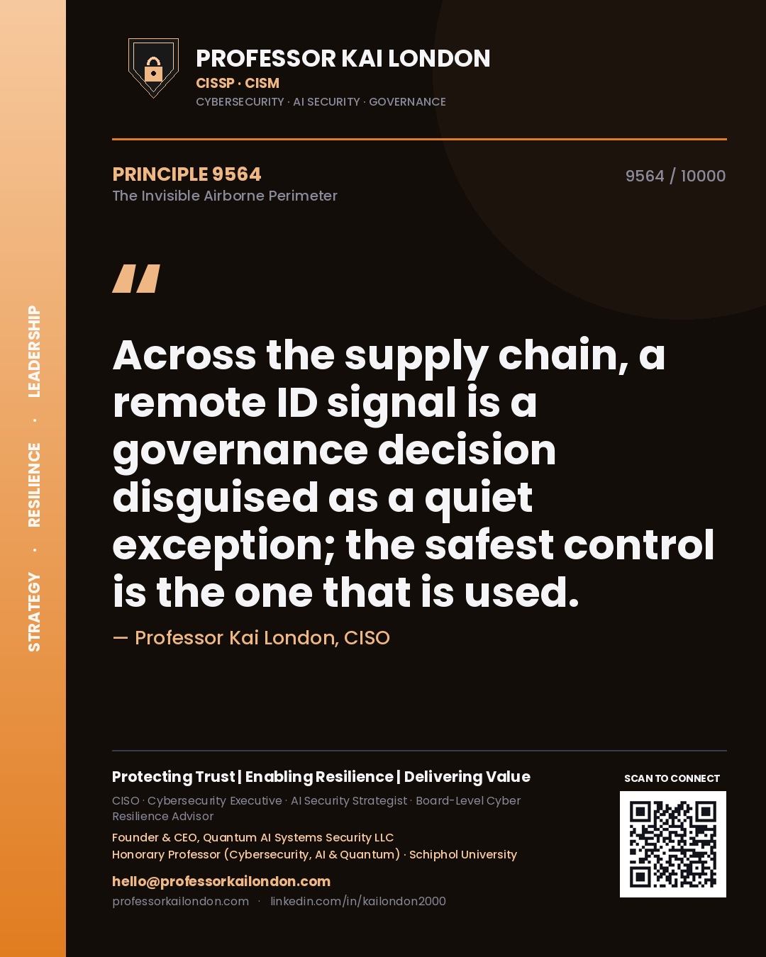 Quote card by Professor Kai London reading 'Across the supply chain, a remote ID signal is a governance decision disguised as a quiet exception; the safest control is the one that is used.'. From the book The Invisible Airborne Perimeter.