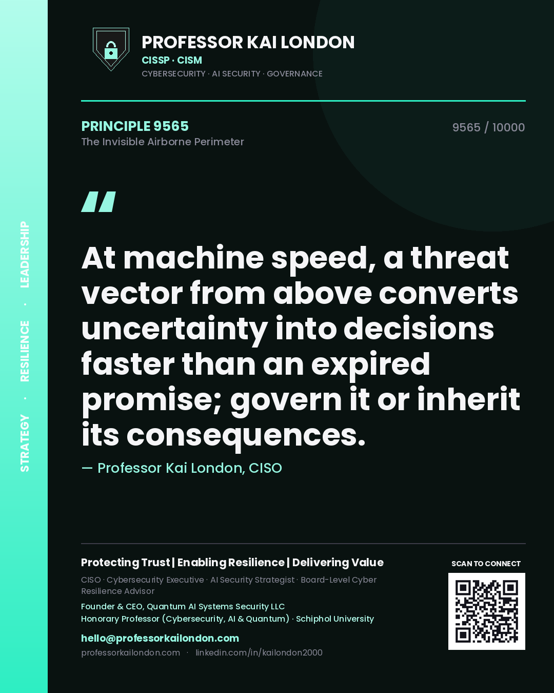 Quote card by Professor Kai London reading 'At machine speed, a threat vector from above converts uncertainty into decisions faster than an expired promise; govern it or inherit its consequences.'. From the book The Invisible Airborne Perimeter.