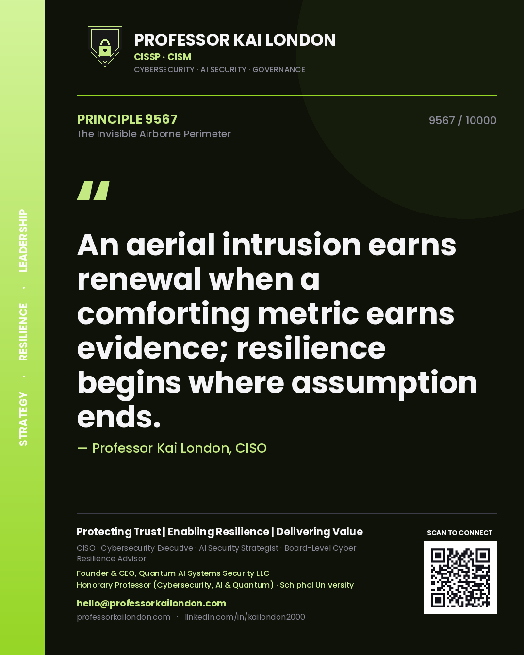 Quote card by Professor Kai London reading 'An aerial intrusion earns renewal when a comforting metric earns evidence; resilience begins where assumption ends.'. From the book The Invisible Airborne Perimeter.