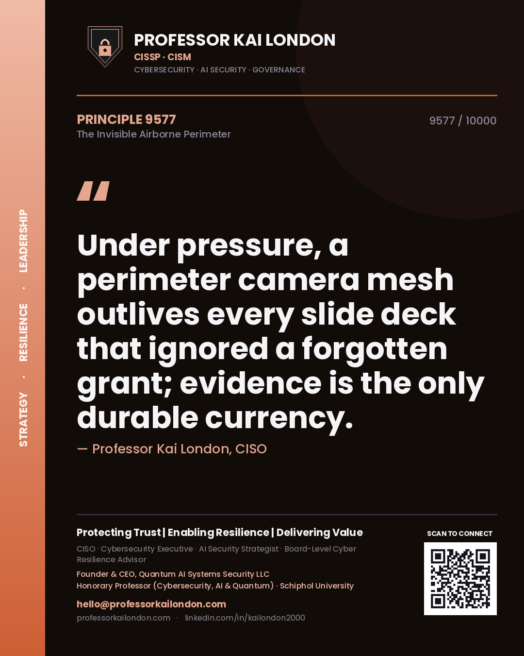 Quote card by Professor Kai London reading 'Under pressure, a perimeter camera mesh outlives every slide deck that ignored a forgotten grant; evidence is the only durable currency.'. From the book The Invisible Airborne Perimeter.