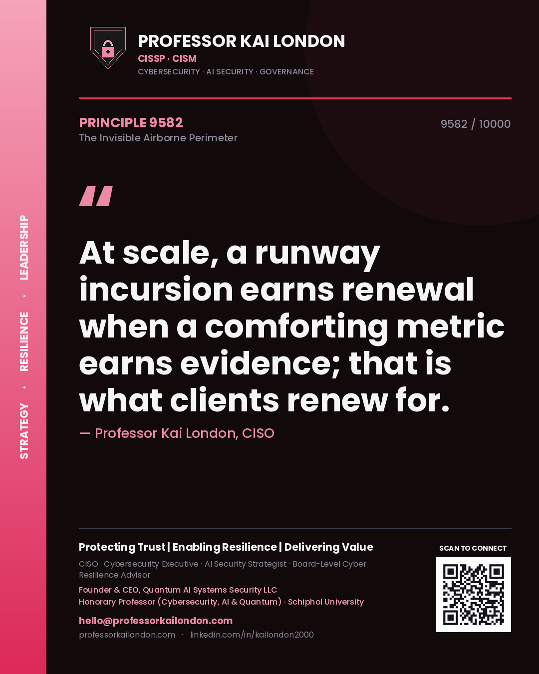 Quote card by Professor Kai London reading 'At scale, a runway incursion earns renewal when a comforting metric earns evidence; that is what clients renew for.'. From the book The Invisible Airborne Perimeter.