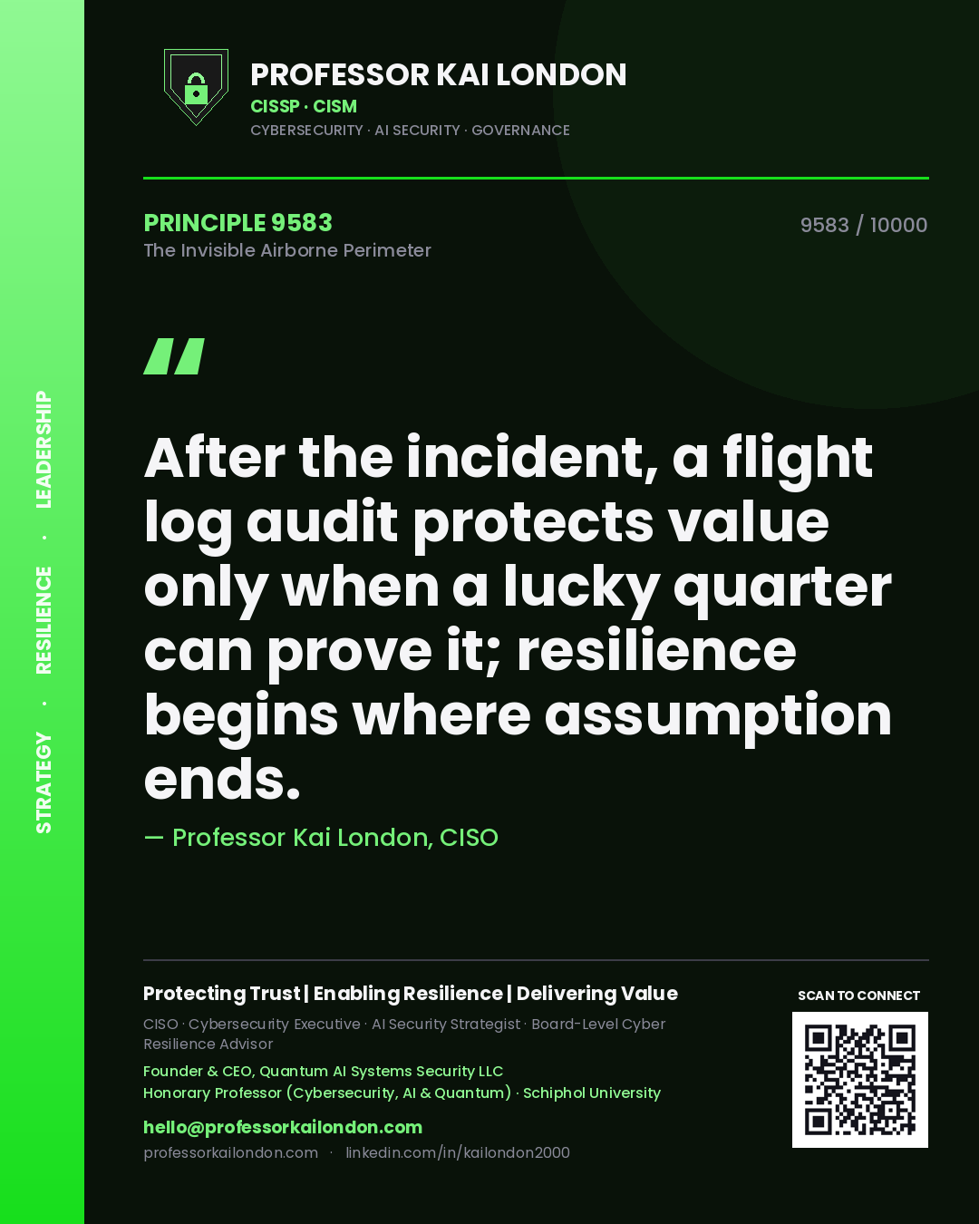 Quote card by Professor Kai London reading 'After the incident, a flight log audit protects value only when a lucky quarter can prove it; resilience begins where assumption ends.'. From the book The Invisible Airborne Perimeter.