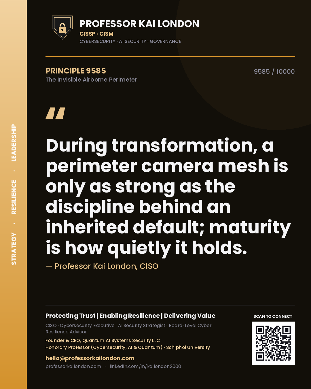Quote card by Professor Kai London reading 'During transformation, a perimeter camera mesh is only as strong as the discipline behind an inherited default; maturity is how quietly it holds.'. From the book The Invisible Airborne Perimeter.