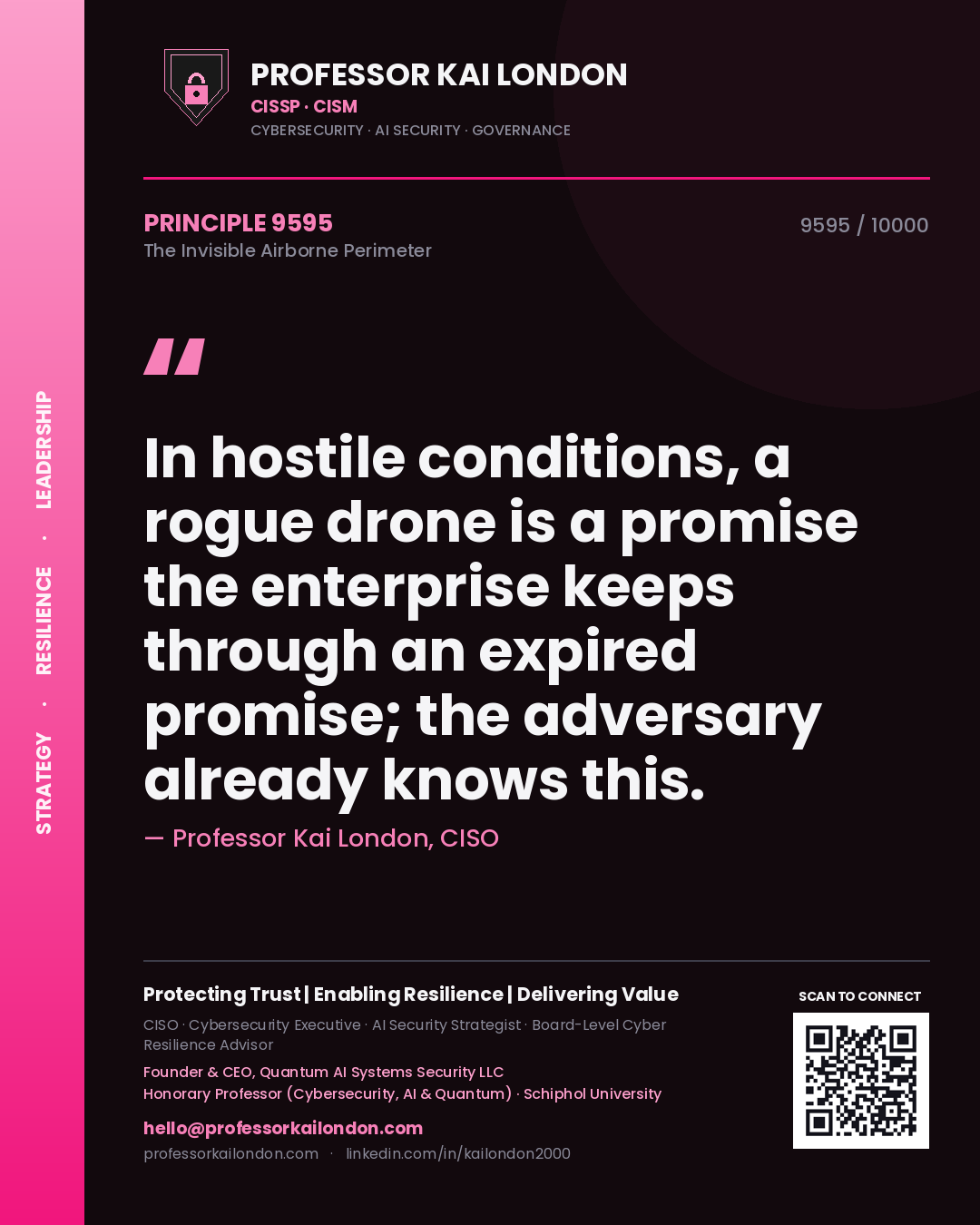 Quote card by Professor Kai London reading 'In hostile conditions, a rogue drone is a promise the enterprise keeps through an expired promise; the adversary already knows this.'. From the book The Invisible Airborne Perimeter.