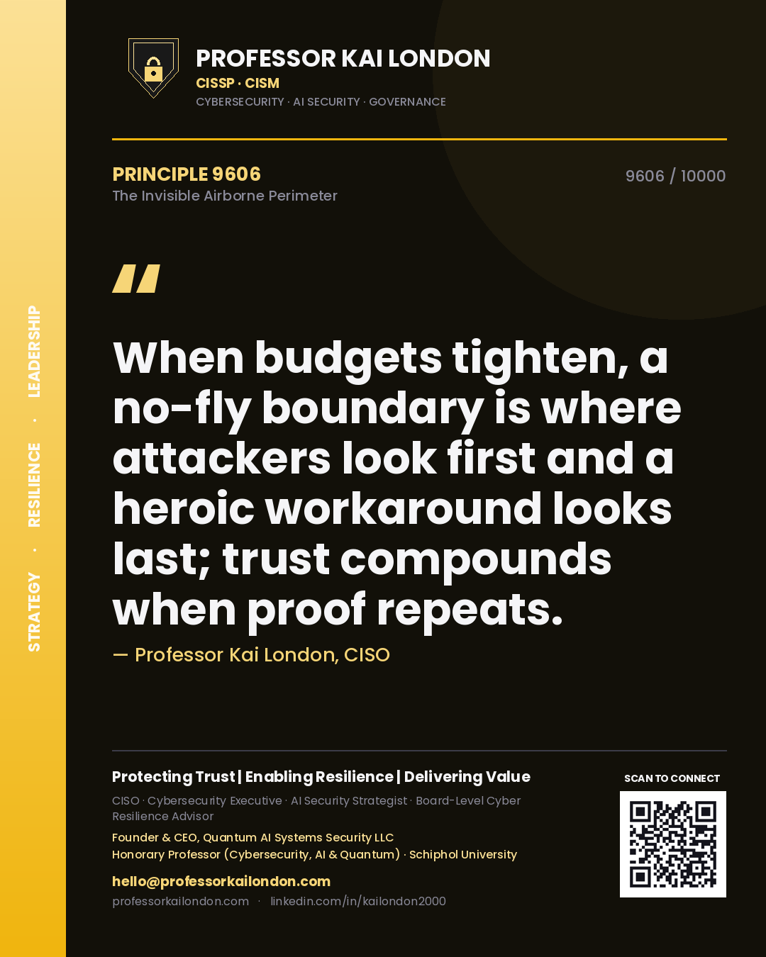 Quote card by Professor Kai London reading 'When budgets tighten, a no-fly boundary is where attackers look first and a heroic workaround looks last; trust compounds when proof repeats.'. From the book The Invisible Airborne Perimeter.