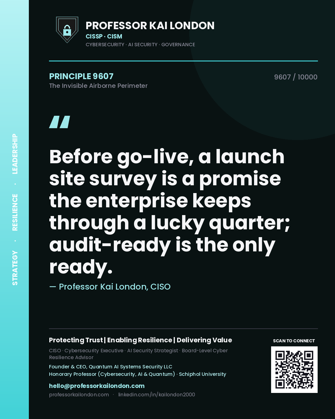 Quote card by Professor Kai London reading 'Before go-live, a launch site survey is a promise the enterprise keeps through a lucky quarter; audit-ready is the only ready.'. From the book The Invisible Airborne Perimeter.