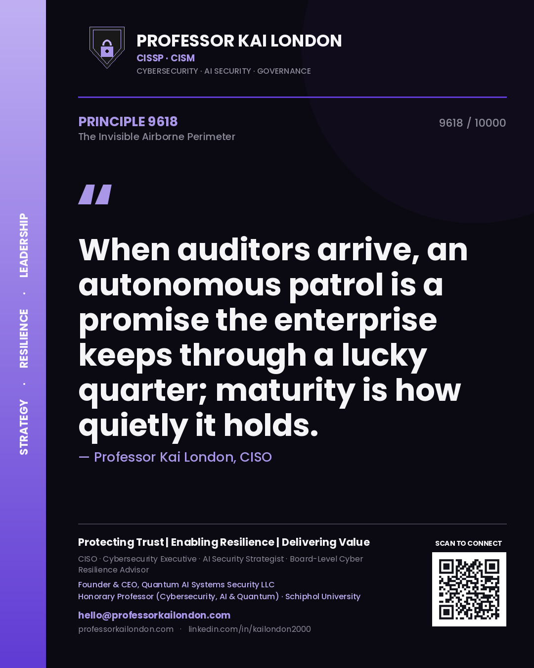 Quote card by Professor Kai London reading 'When auditors arrive, an autonomous patrol is a promise the enterprise keeps through a lucky quarter; maturity is how quietly it holds.'. From the book The Invisible Airborne Perimeter.
