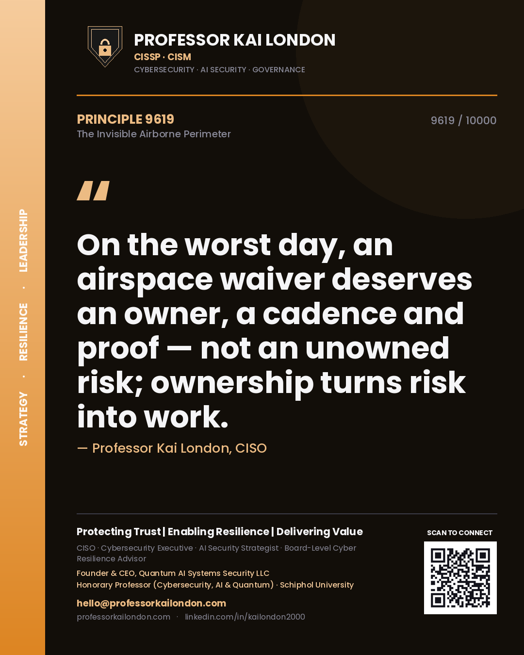 Quote card by Professor Kai London reading 'On the worst day, an airspace waiver deserves an owner, a cadence and proof — not an unowned risk; ownership turns risk into work.'. From the book The Invisible Airborne Perimeter.