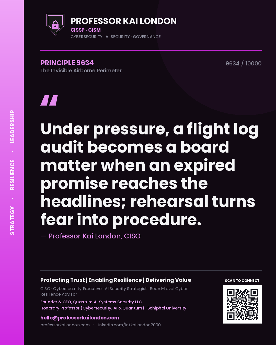 Quote card by Professor Kai London reading 'Under pressure, a flight log audit becomes a board matter when an expired promise reaches the headlines; rehearsal turns fear into procedure.'. From the book The Invisible Airborne Perimeter.