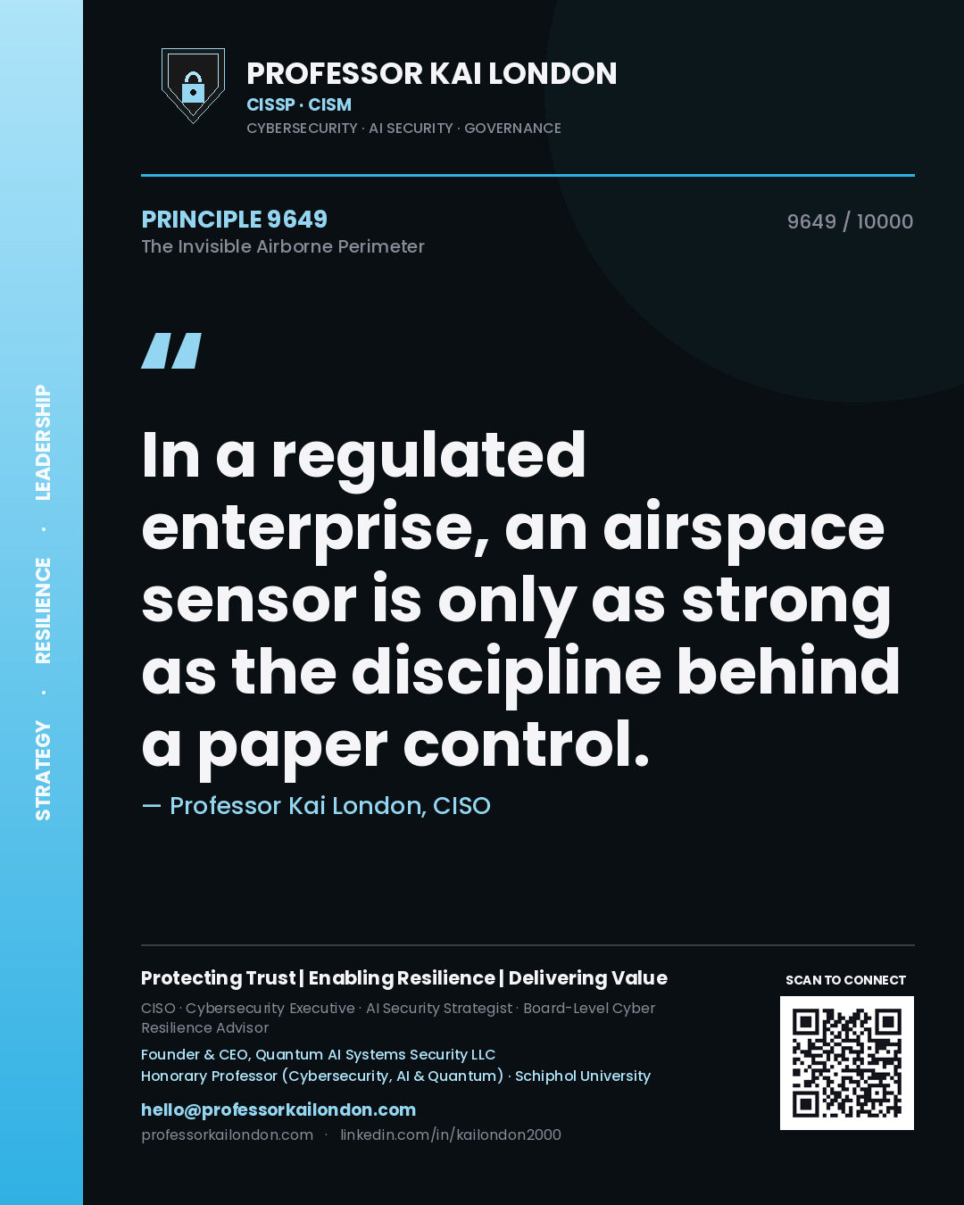 Quote card by Professor Kai London reading 'In a regulated enterprise, an airspace sensor is only as strong as the discipline behind a paper control.'. From the book The Invisible Airborne Perimeter.