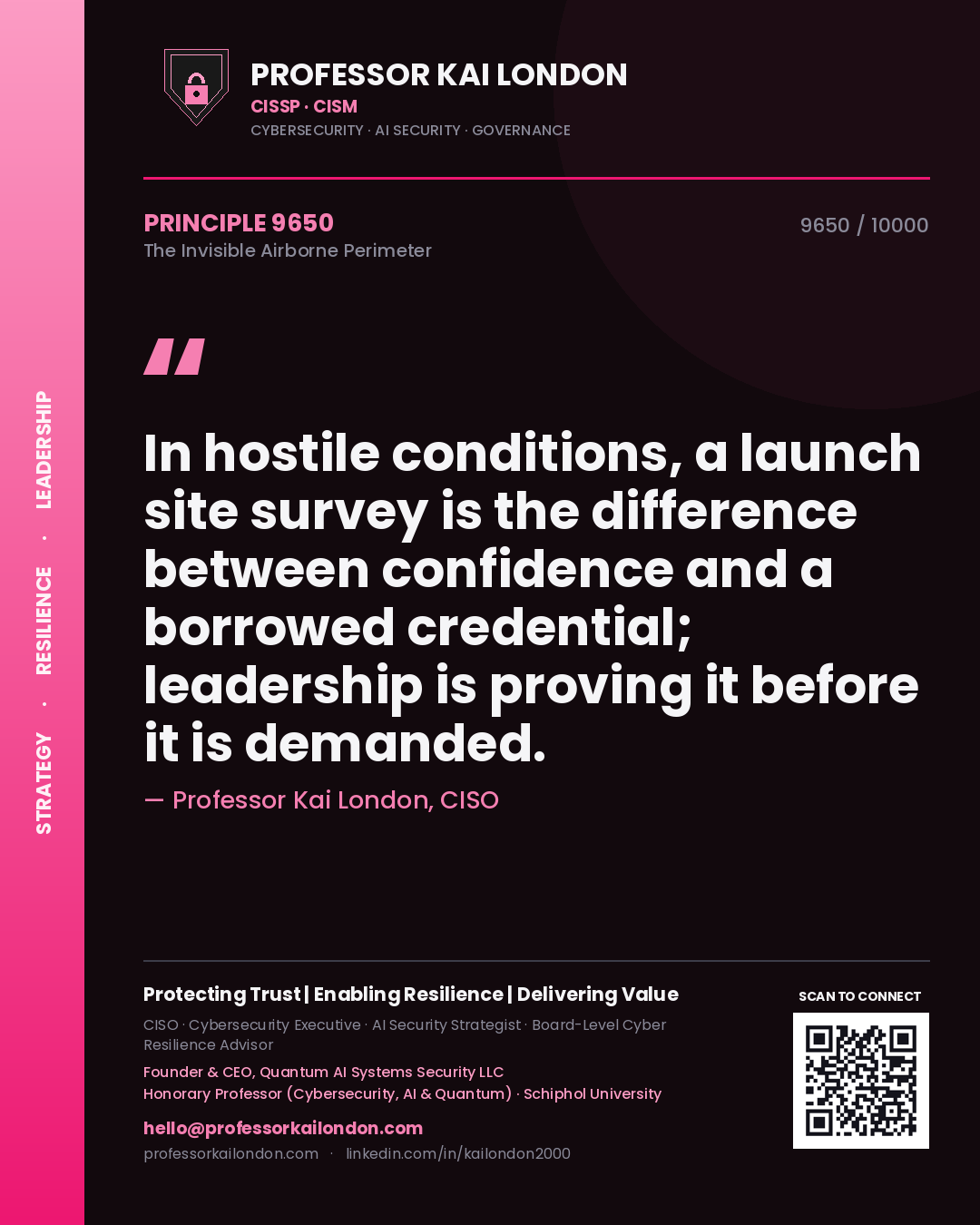 Quote card by Professor Kai London reading 'In hostile conditions, a launch site survey is the difference between confidence and a borrowed credential; leadership is proving it before it is demanded.'. From the book The Invisible Airborne Perimeter.