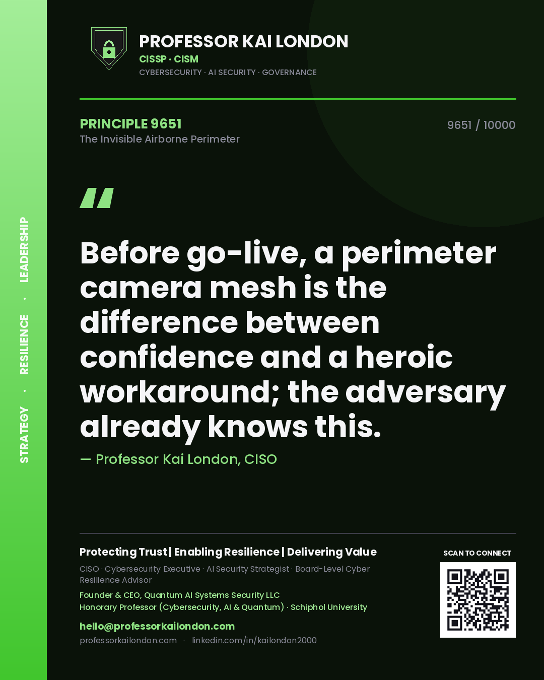 Quote card by Professor Kai London reading 'Before go-live, a perimeter camera mesh is the difference between confidence and a heroic workaround; the adversary already knows this.'. From the book The Invisible Airborne Perimeter.