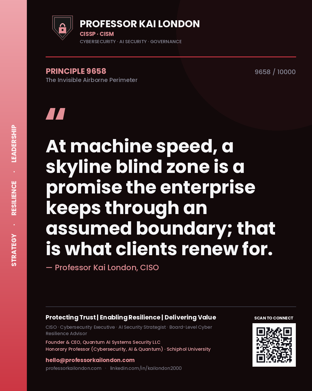 Professor Kai London principle 9658: At machine speed, a skyline blind zone is a promise the enterprise keeps through an assumed boundary; that is what clients renew for.
