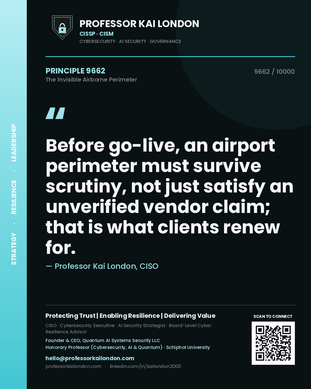 Quote card by Professor Kai London reading 'Before go-live, an airport perimeter must survive scrutiny, not just satisfy an unverified vendor claim; that is what clients renew for.'. From the book The Invisible Airborne Perimeter.