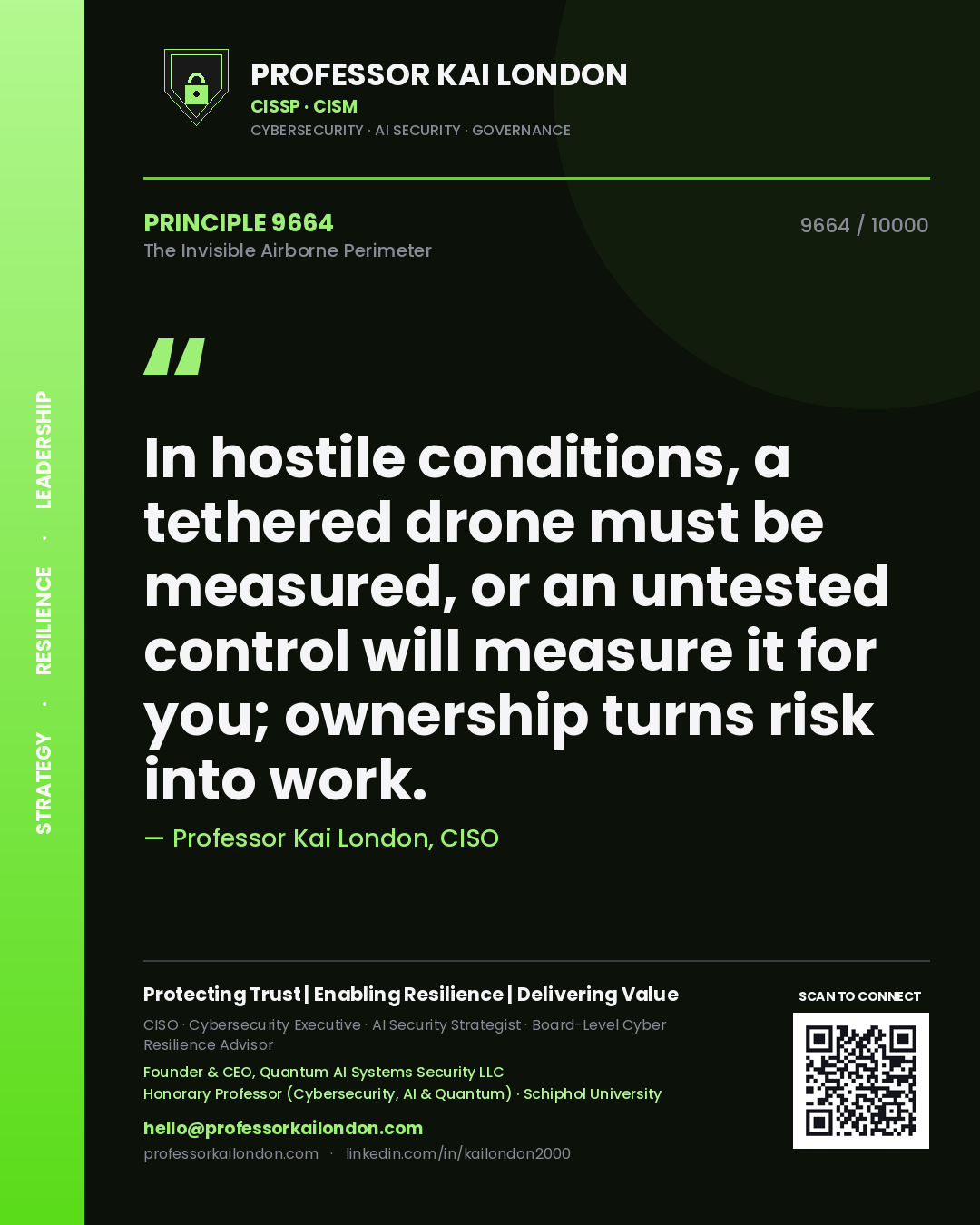 Professor Kai London principle 9664: In hostile conditions, a tethered drone must be measured, or an untested control will measure it for you; ownership turns risk into work.
