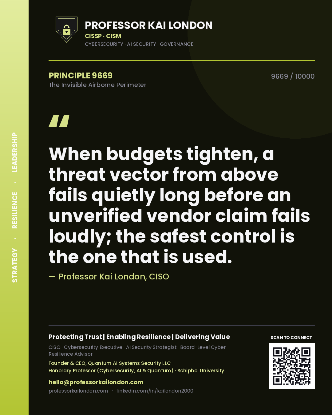 Quote card by Professor Kai London reading 'When budgets tighten, a threat vector from above fails quietly long before an unverified vendor claim fails loudly; the safest control is the one that is used.'. From the book The Invisible Airborne Perimeter.