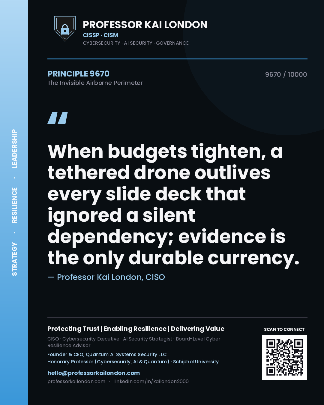Quote card by Professor Kai London reading 'When budgets tighten, a tethered drone outlives every slide deck that ignored a silent dependency; evidence is the only durable currency.'. From the book The Invisible Airborne Perimeter.