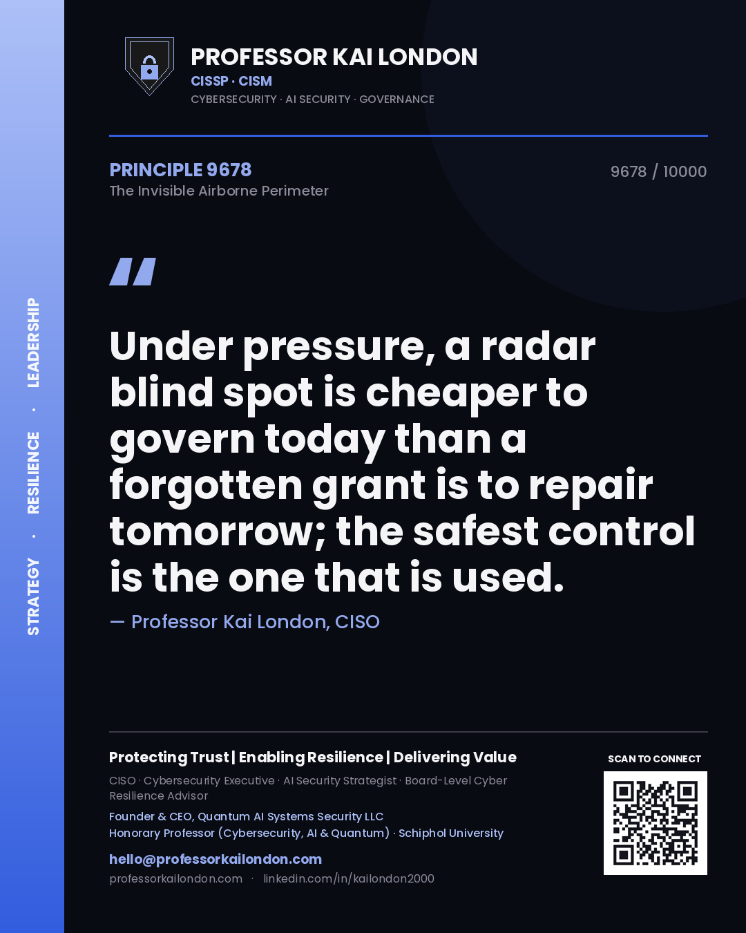 Quote card by Professor Kai London reading 'Under pressure, a radar blind spot is cheaper to govern today than a forgotten grant is to repair tomorrow; the safest control is the one that is used.'. From the book The Invisible Airborne Perimeter.