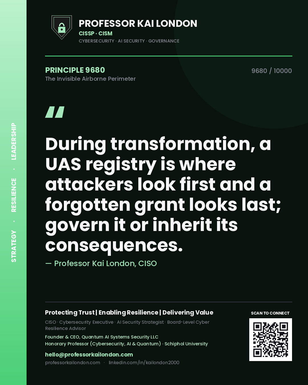 Quote card by Professor Kai London reading 'During transformation, a UAS registry is where attackers look first and a forgotten grant looks last; govern it or inherit its consequences.'. From the book The Invisible Airborne Perimeter.