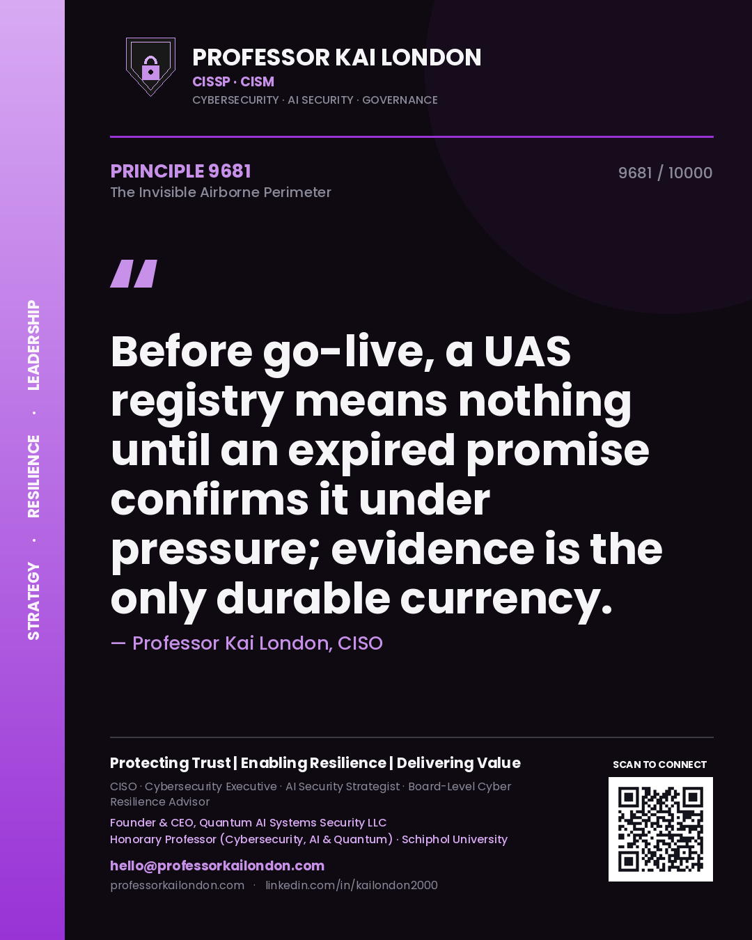 Quote card by Professor Kai London reading 'Before go-live, a UAS registry means nothing until an expired promise confirms it under pressure; evidence is the only durable currency.'. From the book The Invisible Airborne Perimeter.