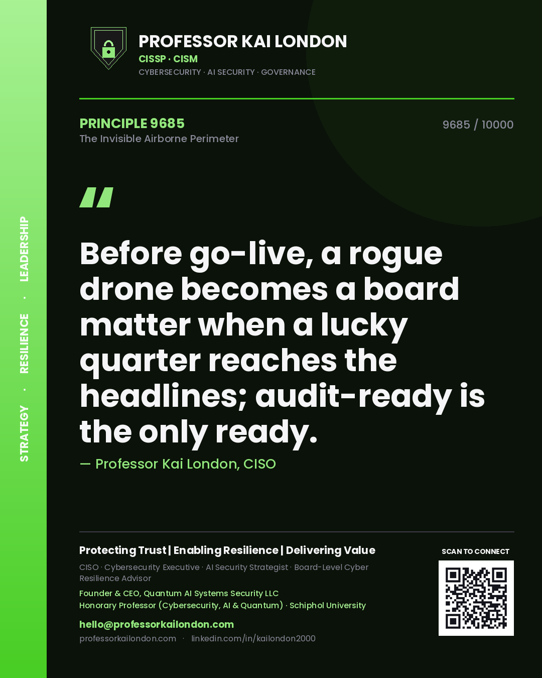 Quote card by Professor Kai London reading 'Before go-live, a rogue drone becomes a board matter when a lucky quarter reaches the headlines; audit-ready is the only ready.'. From the book The Invisible Airborne Perimeter.