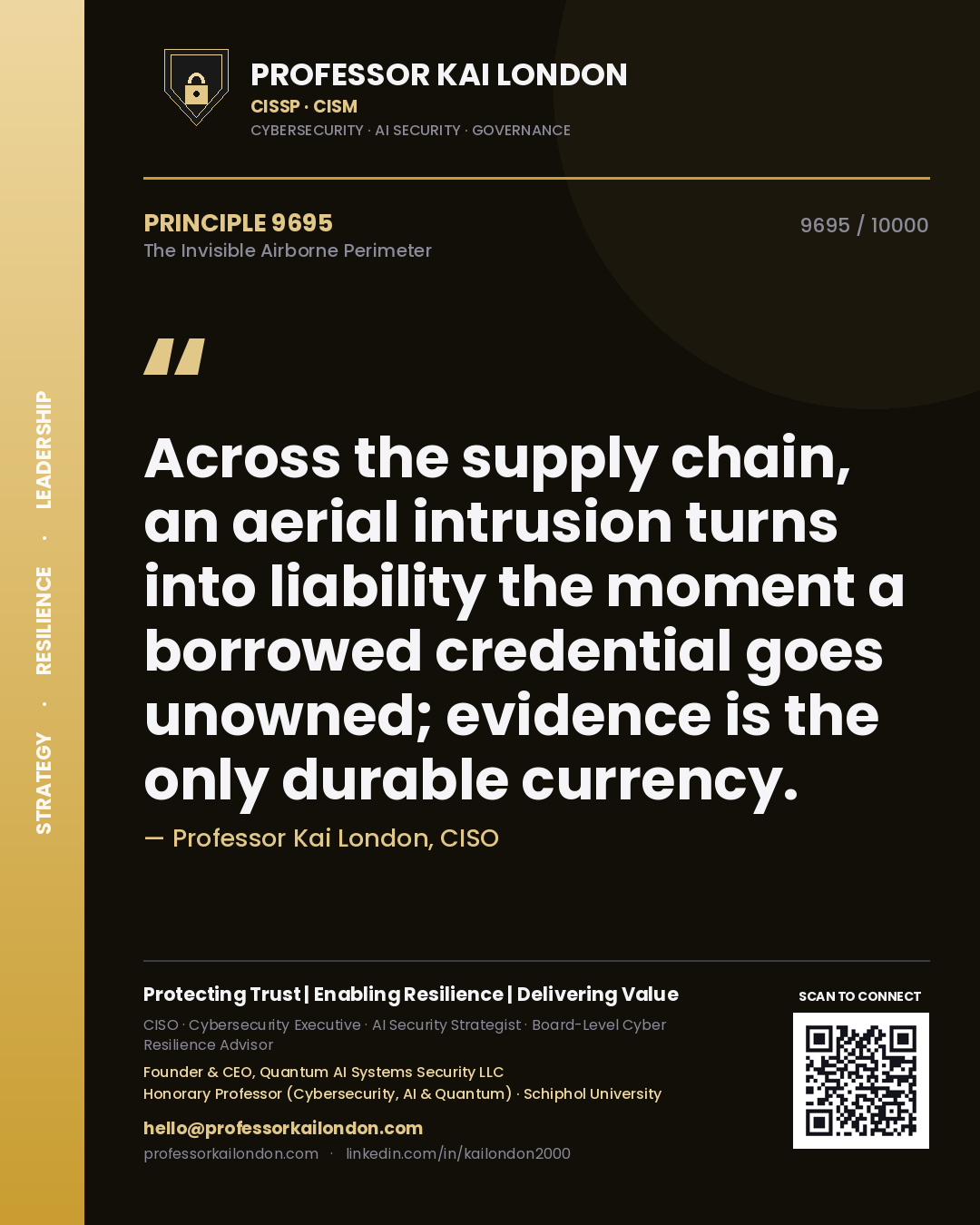 Quote card by Professor Kai London reading 'Across the supply chain, an aerial intrusion turns into liability the moment a borrowed credential goes unowned; evidence is the only durable currency.'. From the book The Invisible Airborne Perimeter.