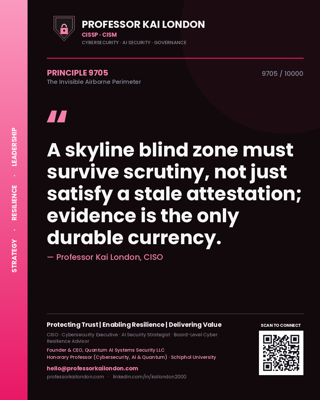 Quote card by Professor Kai London reading 'A skyline blind zone must survive scrutiny, not just satisfy a stale attestation; evidence is the only durable currency.'. From the book The Invisible Airborne Perimeter.