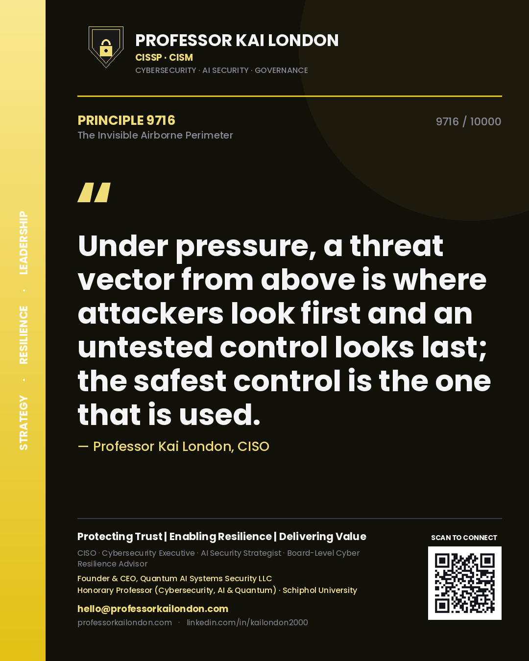 Quote card by Professor Kai London reading 'Under pressure, a threat vector from above is where attackers look first and an untested control looks last; the safest control is the one that is used.'. From the book The Invisible Airborne Perimeter.