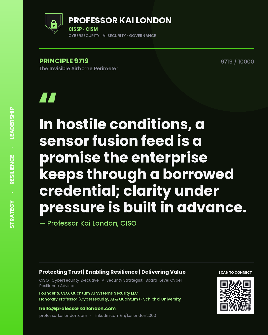 Quote card by Professor Kai London reading 'In hostile conditions, a sensor fusion feed is a promise the enterprise keeps through a borrowed credential; clarity under pressure is built in advance.'. From the book The Invisible Airborne Perimeter.