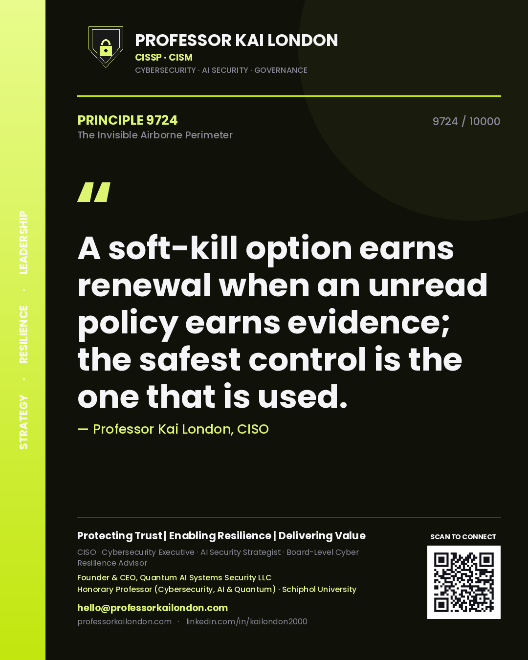 Quote card by Professor Kai London reading 'A soft-kill option earns renewal when an unread policy earns evidence; the safest control is the one that is used.'. From the book The Invisible Airborne Perimeter.