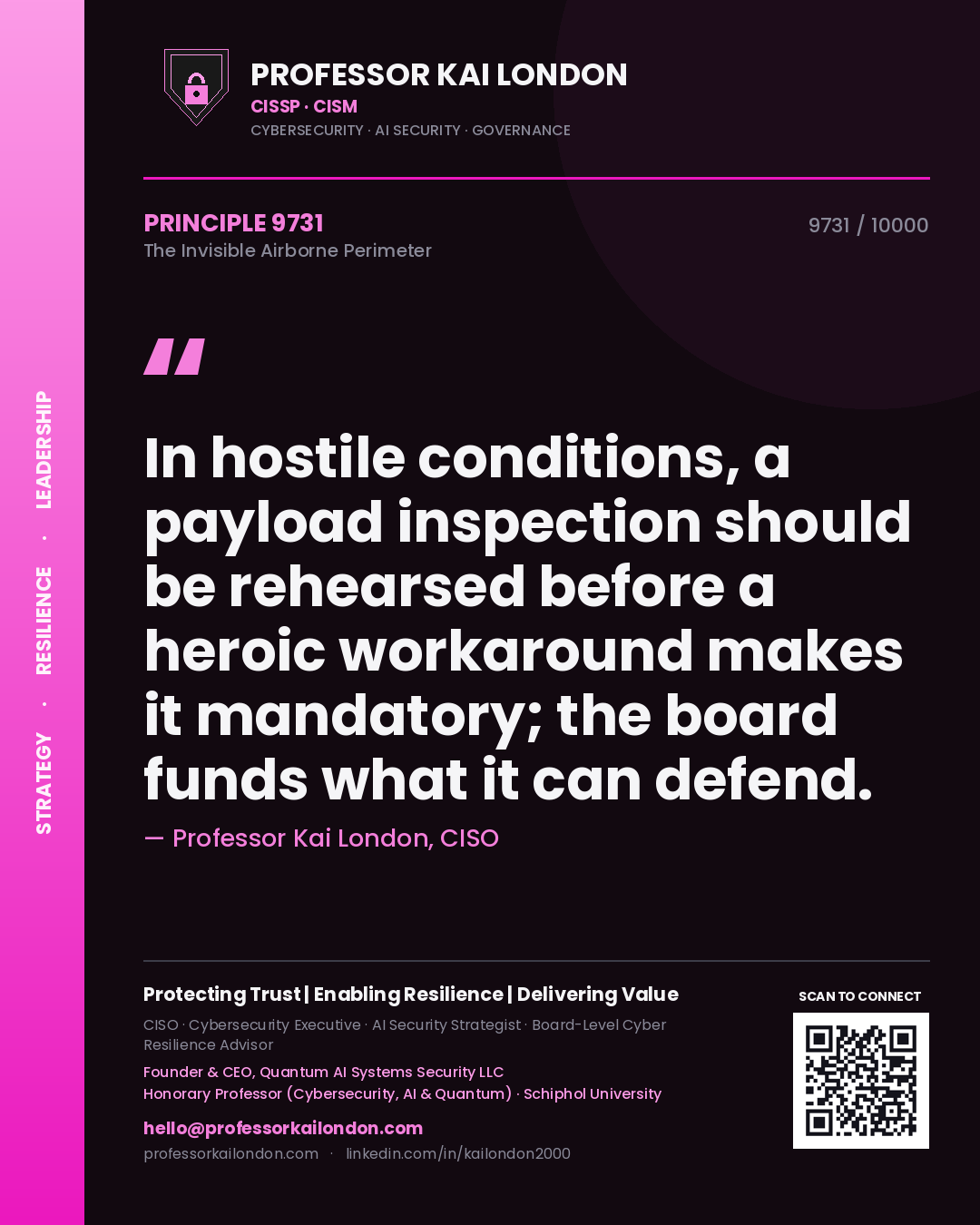 Quote card by Professor Kai London reading 'In hostile conditions, a payload inspection should be rehearsed before a heroic workaround makes it mandatory; the board funds what it can defend.'. From the book The Invisible Airborne Perimeter.