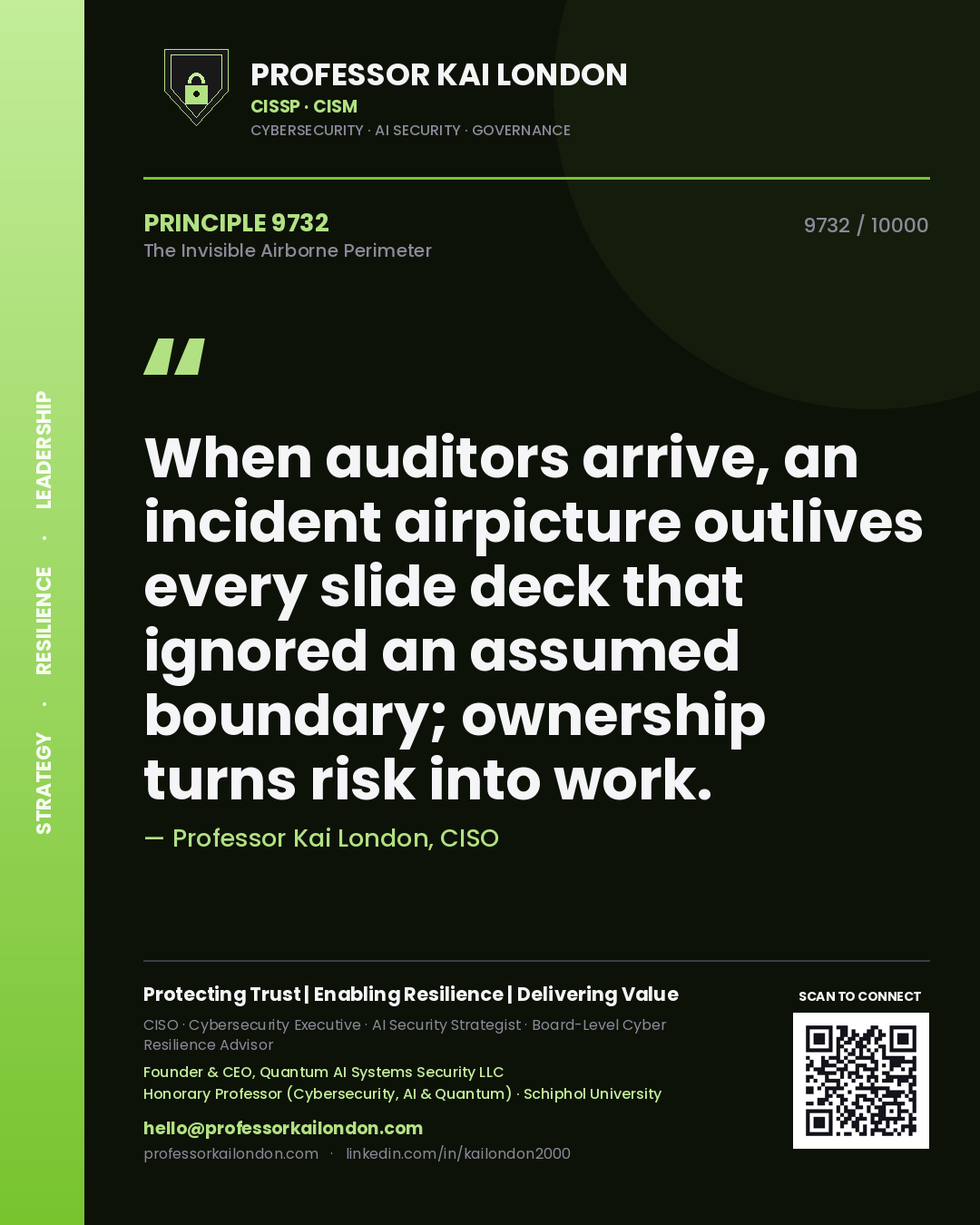 Quote card by Professor Kai London reading 'When auditors arrive, an incident airpicture outlives every slide deck that ignored an assumed boundary; ownership turns risk into work.'. From the book The Invisible Airborne Perimeter.