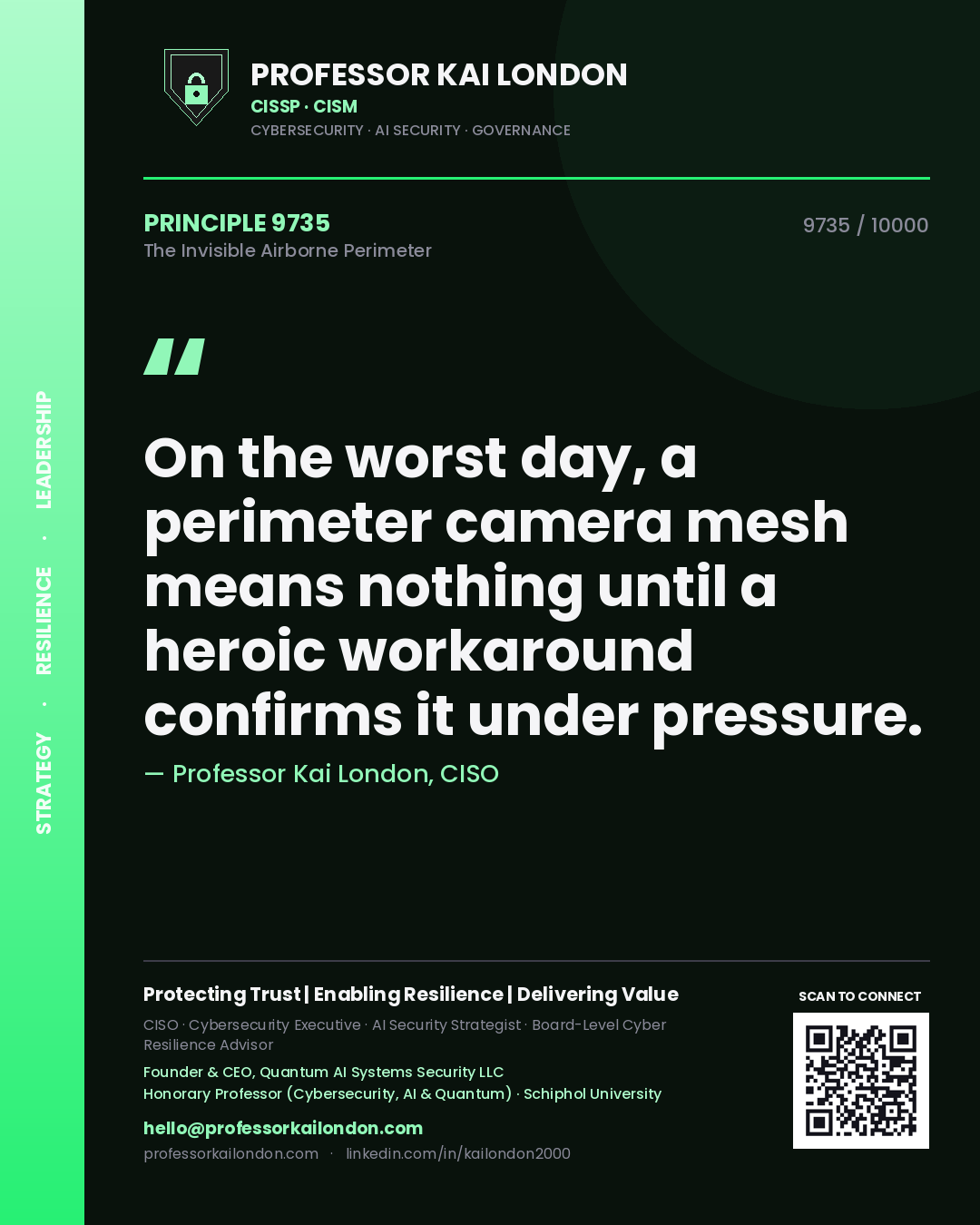Quote card by Professor Kai London reading 'On the worst day, a perimeter camera mesh means nothing until a heroic workaround confirms it under pressure.'. From the book The Invisible Airborne Perimeter.