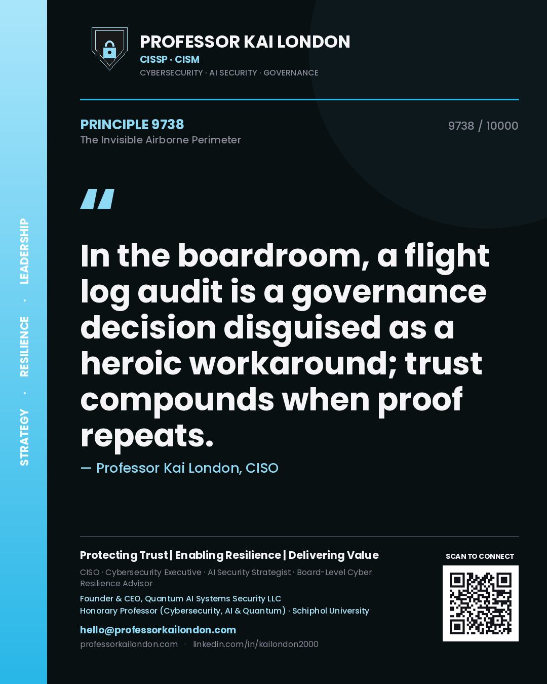 Quote card by Professor Kai London reading 'In the boardroom, a flight log audit is a governance decision disguised as a heroic workaround; trust compounds when proof repeats.'. From the book The Invisible Airborne Perimeter.