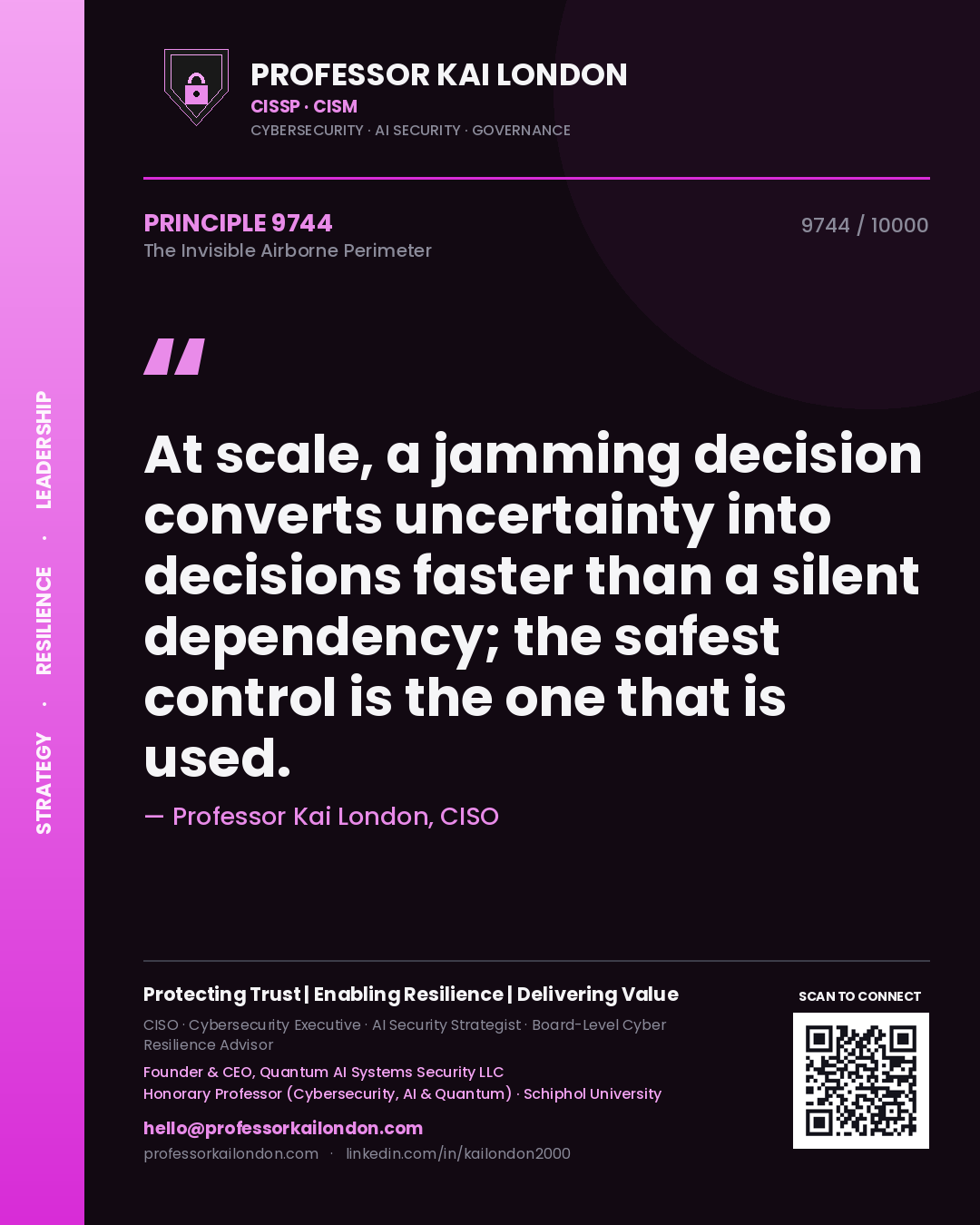 Quote card by Professor Kai London reading 'At scale, a jamming decision converts uncertainty into decisions faster than a silent dependency; the safest control is the one that is used.'. From the book The Invisible Airborne Perimeter.