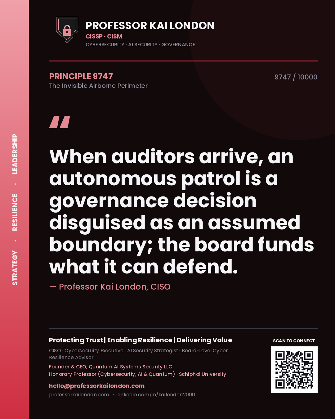 Quote card by Professor Kai London reading 'When auditors arrive, an autonomous patrol is a governance decision disguised as an assumed boundary; the board funds what it can defend.'. From the book The Invisible Airborne Perimeter.