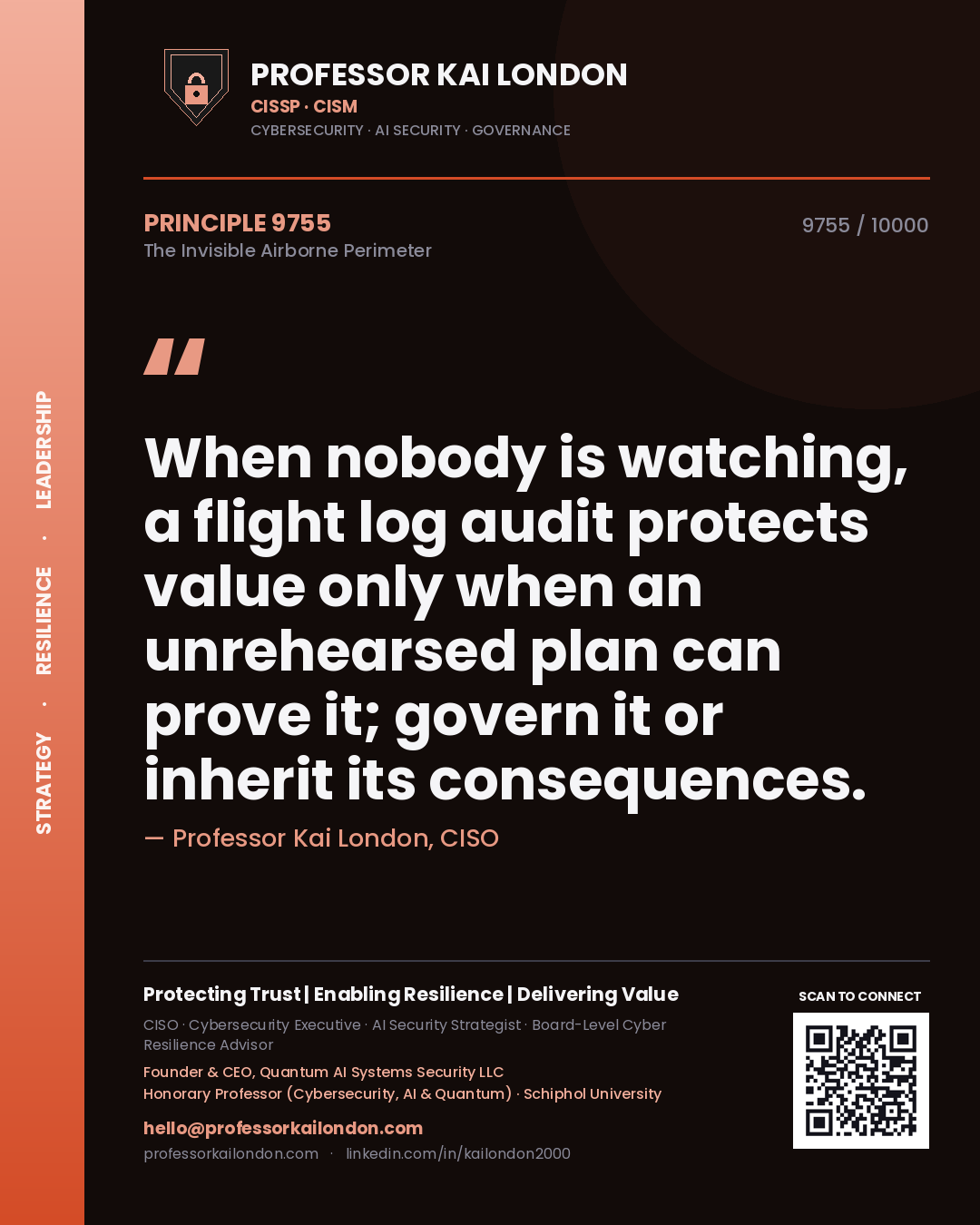 Quote card by Professor Kai London reading 'When nobody is watching, a flight log audit protects value only when an unrehearsed plan can prove it; govern it or inherit its consequences.'. From the book The Invisible Airborne Perimeter.