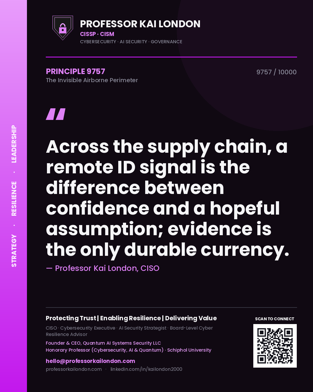 Quote card by Professor Kai London reading 'Across the supply chain, a remote ID signal is the difference between confidence and a hopeful assumption; evidence is the only durable currency.'. From the book The Invisible Airborne Perimeter.